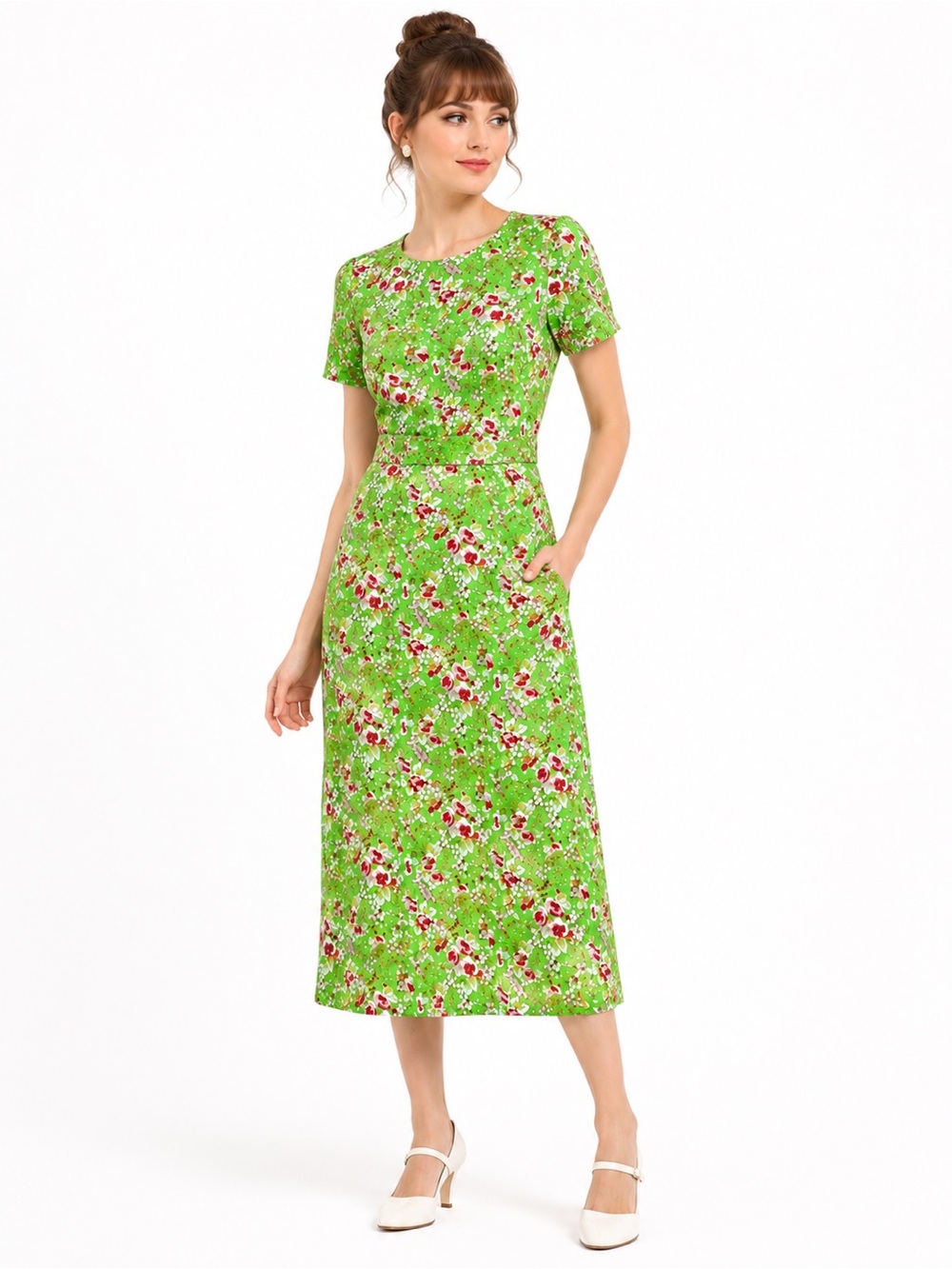 Vintage Handmade Floral Midi Dress Women’s Green retro cottagecore M